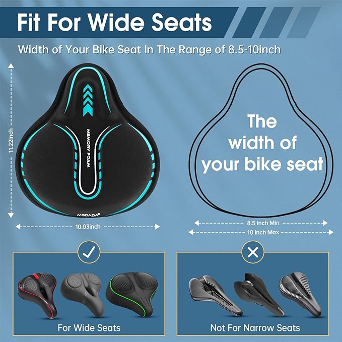 MSDADA New Large Gel Bike Seat Cover, Extra Soft Bike Seat Cushion for Men Women Comfort Wide, Fits Indoor/Outdoor/Exercise Bikes (11.22 inch x 10.03 inch)