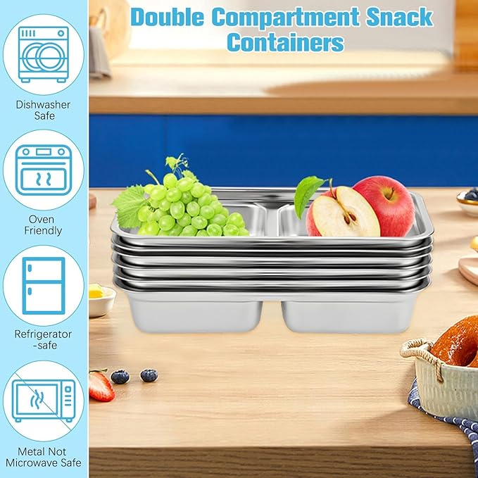 Grab and Go Snack Containers Reusable, 4 Pcs Stainless Steel Double Compartment Snack Containers, Dishwasher- Reusable Condiment with Lids, Snacks Dips Takeout Travel and Outdoor Camping