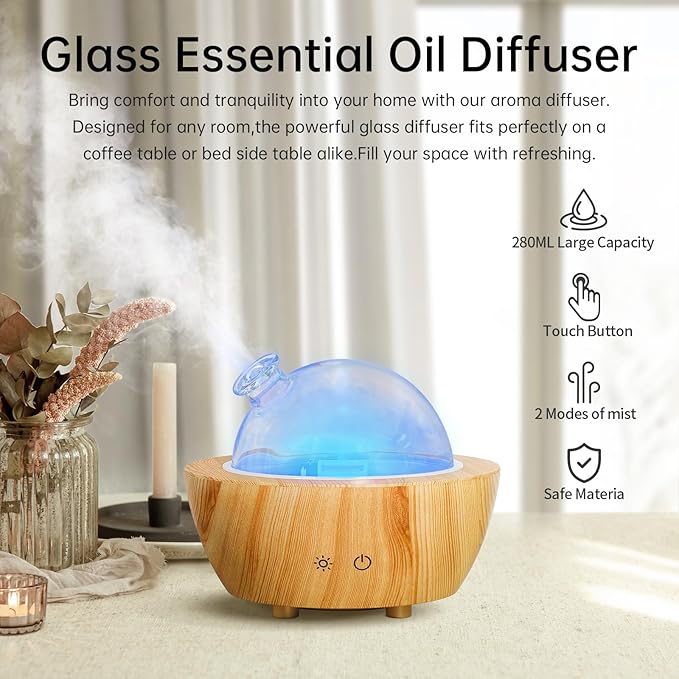 Glass Essential Oil Diffuser Wood Grain Base, 280ml Aromatherapy Diffusers Cool Mist Humidifier, LED Light in 7 Colors with Waterless Auto-Off Protection, for Office, Home, Yoga, Spa