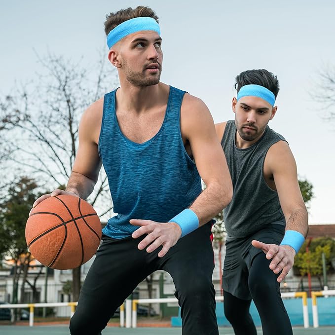 24 Pieces 80s Neon Sweatbands Set, Include 8 Sports Headbands and 16 Sweat Wristbands Elastic Athletic Tennis Sweat Bands Bulk for Man Woman