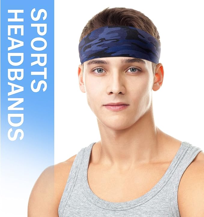 9 pcs Sweatbands for Men Workout Sport Headbands for Men Camo Headband Sweat Absorbing Headband Wide Sweatband for Head Basketball Football Cycling Running Yoga, 4.7 x 9.8 Inch