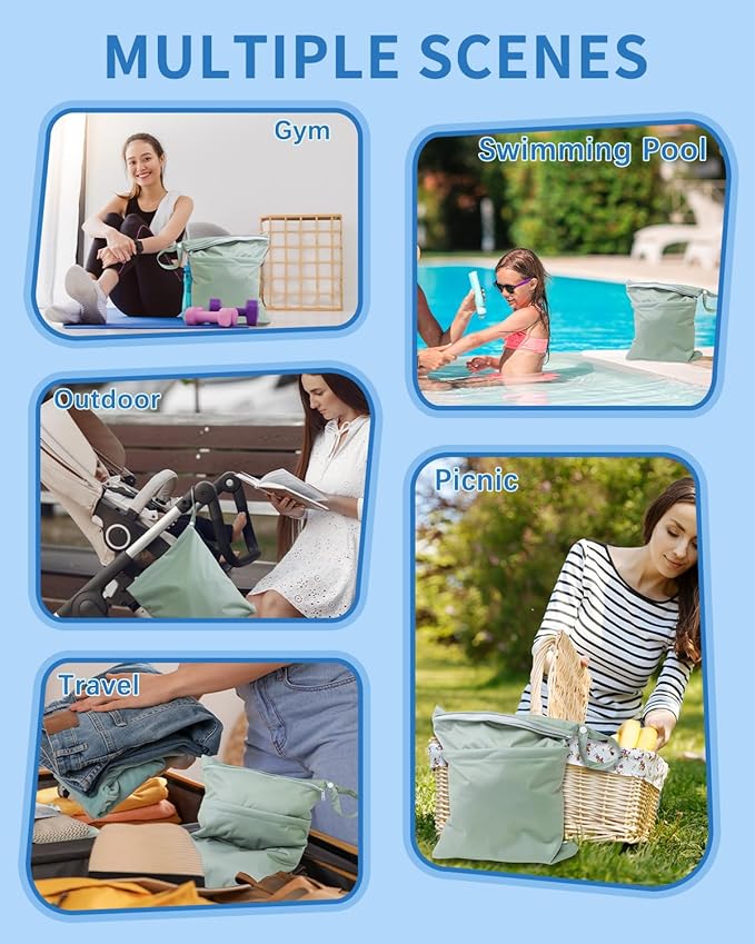 babygoal Wet Dry Bags for Baby Cloth Diapers 3 Pack, Washable Travel Bags, Beach, Pool, Gym Bag for Swimsuits & Wet Clothes with Two Pockets, Snap Handle 3LN32