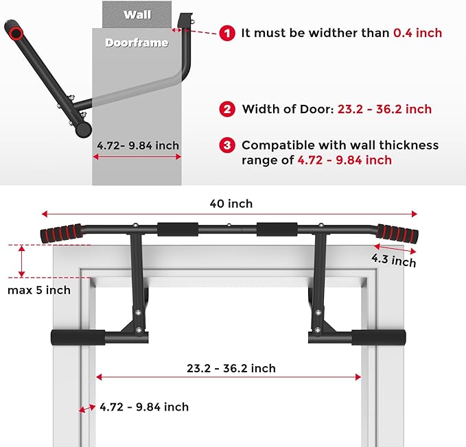 ONETWOFIT Pull Up Bar for Doorway, 440 lbs Heavy Duty Upper Body Fitness Workout Bar for Home Gym Exercise, Multi-Grip Strength Wall Mounted Door Frame Chin-Up Bar for Almost All Doors