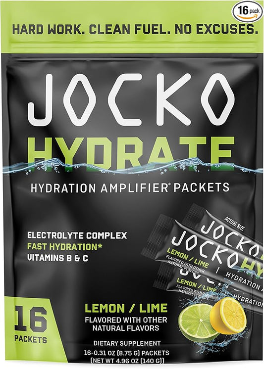 Jocko Fuel Packets Low Sugar - Hydration Amplifier Packets for Recovery, Dehydration, & Exercise - with Vitamins B6, B12 & C (16 Packets) Lemon Lime