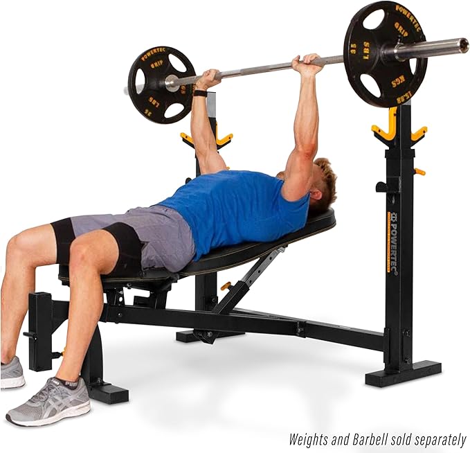 PowerTec Workbench Olympic Weight Bench Press for Home Gym WB-OB16 - Adjustable Workout Bench with 9 Horizontal, Vertical Positions, 7 Incline Positions, Decline - Fitness Equipment