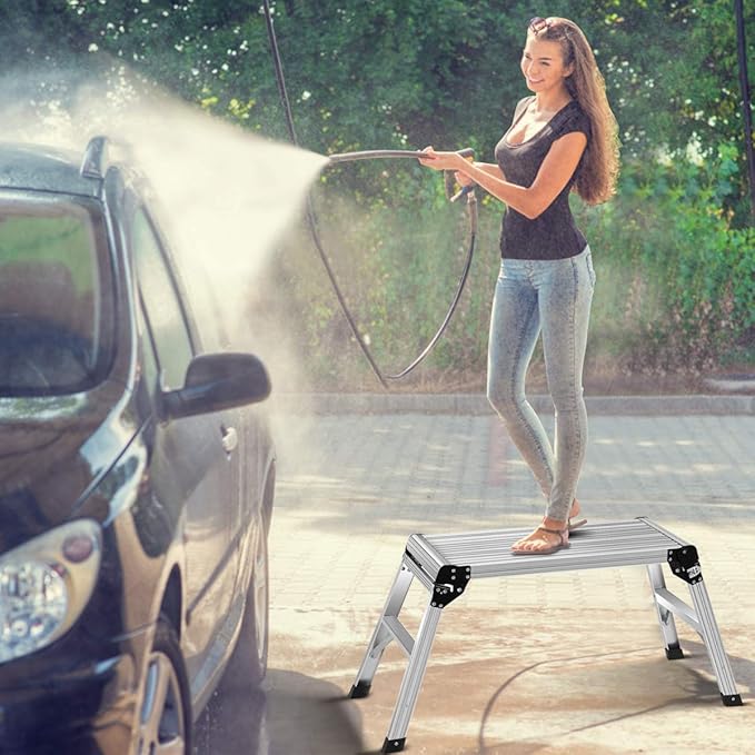 Giantex Work Platform Aluminum Step Ladder Drywall Safe CE Approved of Capacity 330 LBS Heavy Duty Portable Bench Folding Ladders Stool w/Non-Slip Mat (Silver)