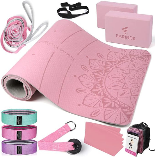 1/3 Yoga Mat Thick, Yoga Set for Beginners Include High Density Mat with Multi-loops Strap, Blocks, Booty Resistance Band Set, Door Anchor, Carring Bag & Strap