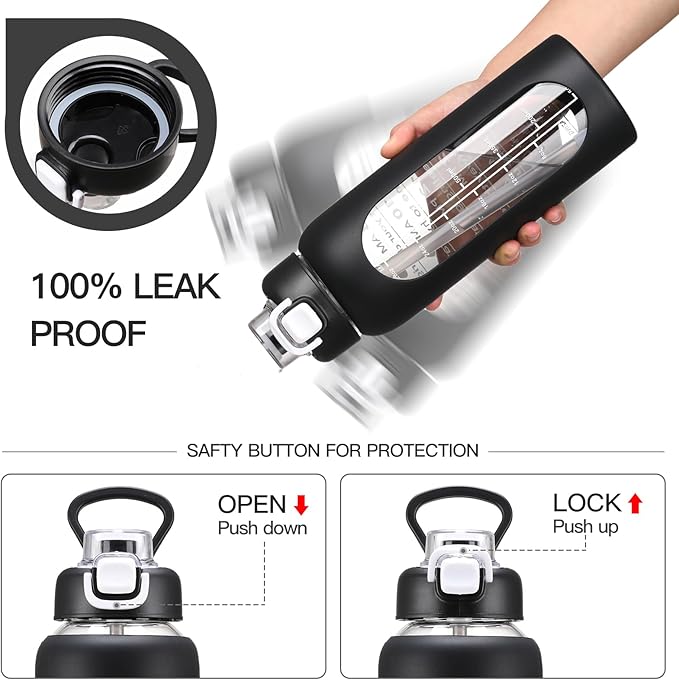 32 oz Glass Water Bolttles with Straw Large Motivational Water Bottle with Time Marker Sports Water Bottles with Silicone Sleeve and Handle Lid Water Jug for Gym Workout