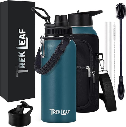 Travel Water Bottle with Carrying Bag, 3 Lids (Spout, Straw, Flip), and Bottle Brush; Leak Proof, Quality, Vacuum Insulated, Stainless Steel (Cascade Teal, 32 oz)