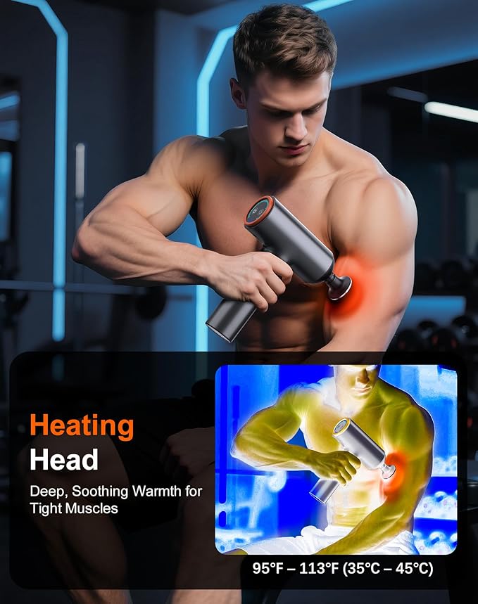 arboleaf Thermal Massage Gun Deep Tissue with Heat, Handheld Muscle Percussion Massager with Full-Metal Head, 6 Replacements for Athletes Pain Relief, Relax, Gifts for Men and Women