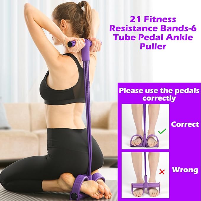 21 Fitness Resistance Bands-6 Tube Pedal Ankle Puller, 2025 Upgraded Multifunction Tension Rope, Home Gym Equipment for Full Body Strength for Abdomen/Waist/Arm/Leg Training and Stretching