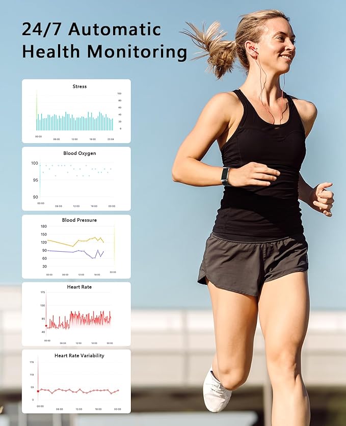 Smart Bracelet for Men Women, Health Activity Fitness Trackers, 24/7 Continuous Heart Rate/Blood Pressure/HRV/Stress Monitor, 24H Sleep Tracker, 170+ Sports Modes Smart Wristband with Free APP 2 Bands