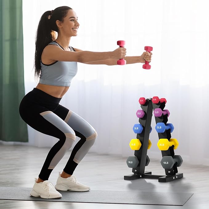 Neoprene Dumbbell Set for Women 2-5 lb | 3 Pairs Hand Weights Set with Rack, Hex Anti-Roll, Color-Coded Home Gym Gifts