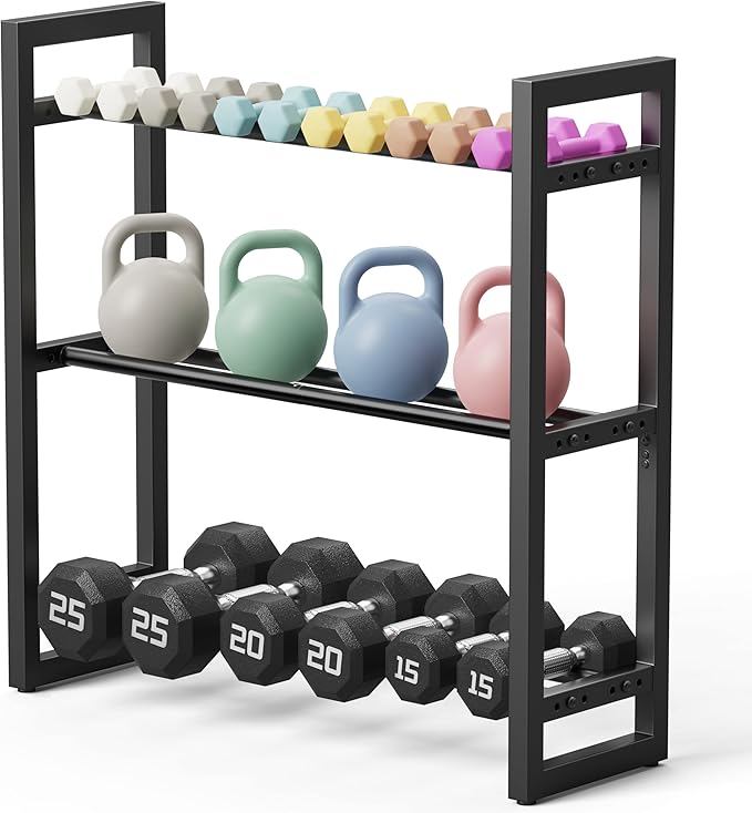 Pickpiff Adjustable 3-Tier Dumbbell Rack – Heavy-Duty Metal Weight Storage Stand for Dumbbells, Kettlebells, and More – Space-Efficient Home Gym Organizer – 360 lb Capacity (Dumbbells Not Included)