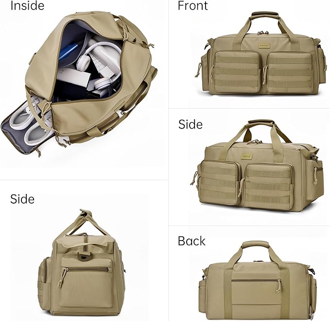 Duffle Bag for Men Women, Gym Bags & Tactical Duffle Bag with Shoe Compartment, Weekender Overnight Bag for Travel Workout, Khaki