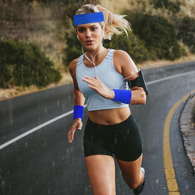 24 Pcs Neon Sweatbands Set Include 8 Pcs Sports Headband and 16 Pcs Cotton Wristbands 80s Neon Sweat Bands Bulk for Gym, Tennis, Basketball, Running, Exercise