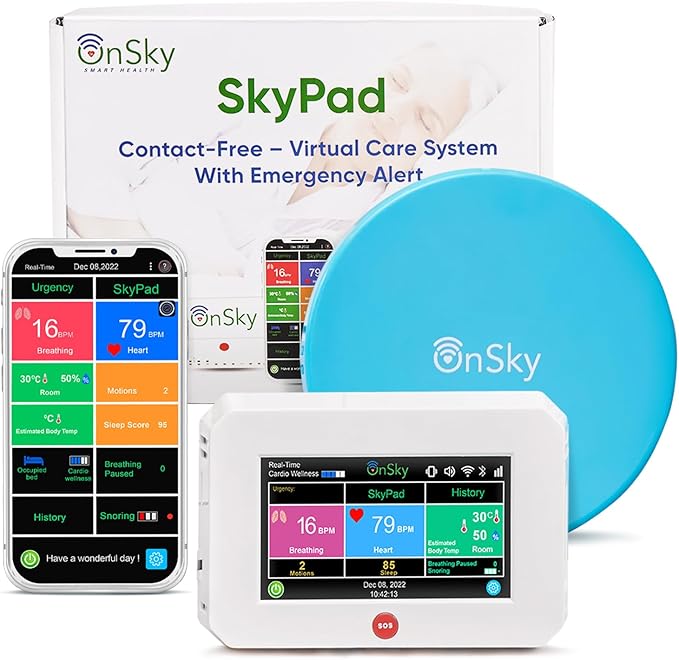 SkyPad FDA-Cleared Contactless Heart Rate & Breathing Monitor, Adult & Children Home Health Care - Senior & Nursing Home - Continuously Monitor Sleep & Wellness Anywhere Anytime - Urgency Alert