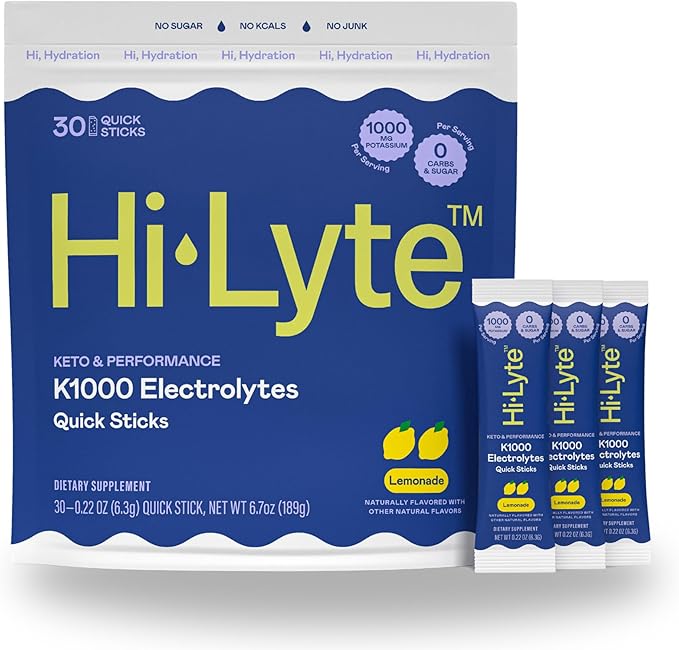 Hi-Lyte K1000 Electrolytes Sticks Lemonade Keto & Performance, 30 Servings - 1000mg Potassium + Magnesium, Sodium, Trace Minerals - 0 Carbs, 0 Sugar