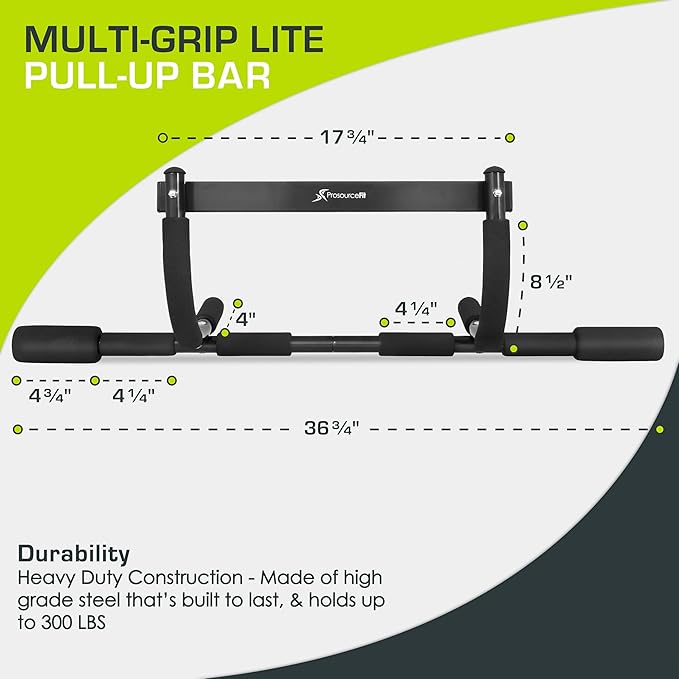 ProsourceFit Multi-Grip Lite Pull Up/Chin Up Bar, Heavy Duty Doorway Upper Body Workout Bar for Home Gyms 24”-32”