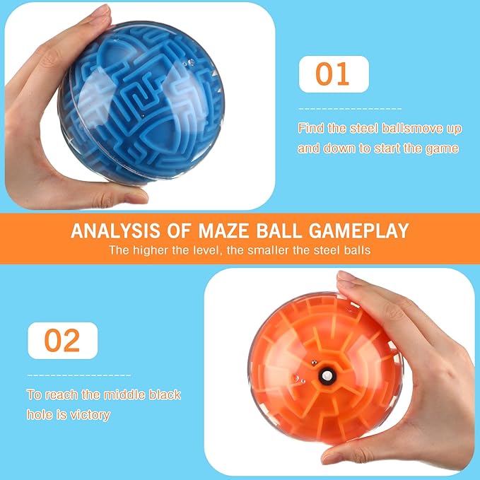 Sumind 4 Pcs 3D Puzzle Maze Ball Magic Brain Teasers Games Memory Sequential Gravity Maze Cube Ball Sphere Educational Puzzle Toys for Adult Hard Challenges(Blue, Orange)