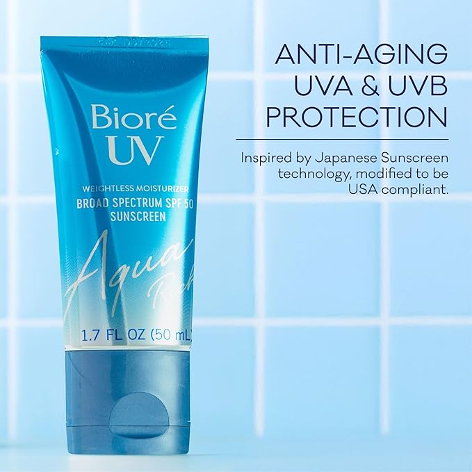 Bioré UV Aqua Rich Daily Hydrating Facial Moisturizer SPF 50 | Oil-Free Sunscreen & Primer for Makeup with Hyaluronic Acid, No White Cast, Non-Comedogenic, For Sensitive Skin, 1.7fl Oz 3 Pack