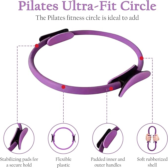 Pilates Ring Set – Magic Circle with Dual Padded Handles, Mini Exercise Ball & 5 Resistance Bands | Pilates Kit for Women | Home Workout Equipment for Full-Body Training & Fitness Set