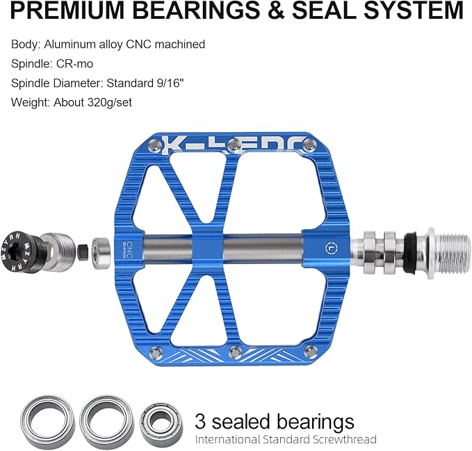 MTB Mountain Bike Pedal Platform Flat Bicycle Pedals Aluminum Alloy Non-Slip 9/16" Metal Bike Pedals with 3 Bearings for Road, BMX