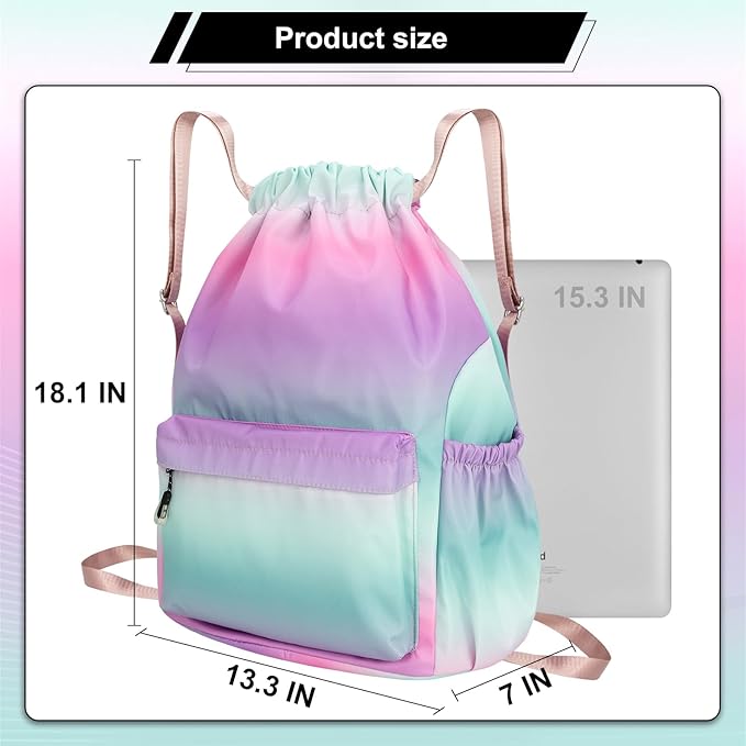 HOLYLUCK Drawstring Backpack Sports Gym Bag Water Resistant String Bag Cinch Sackpack with Side Zipper Pocket for Shopping Sport Yoga - Blue-violet gradient