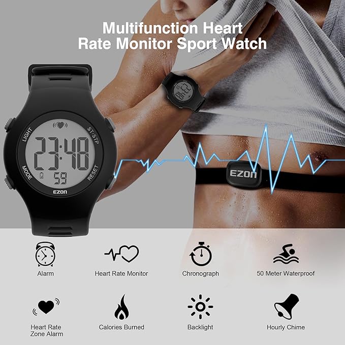 EZON Heart Rate Monitor Chest Strap and Digital Watch,5ATM Waterproof Fitness Tracker with HRM,Calories Burned,Stopwatch and Hourly Chime - Ideal Fitness Presents for Men and Women