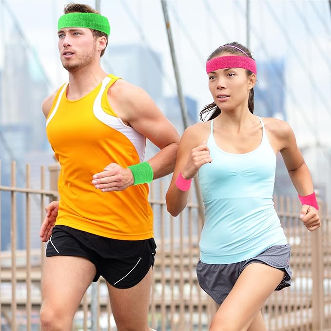 Civaner 12 Pcs 80s 90s Sweatbands Neon Headbands Wristbands for Men Women Party Sports Cotton Headbands Terry Cloth Athletic Sweat Bands for Tennis Football Gym Workingout Accessories