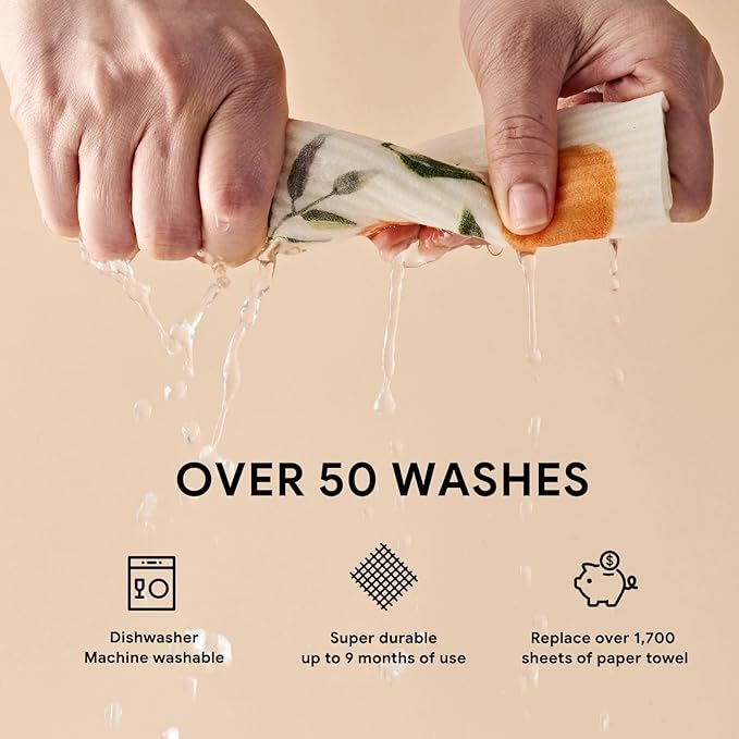 RECYCO Swedish Dishcloths for Kitchen | 5 Pack Washable Dish Rags | Cellulose Reusable Cleaning Paper Towels | Absorbent Counter Dish Cloth Sponge Kitchen Wipes, 8" L x 7" W