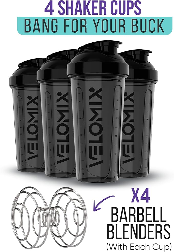 -4 PACK- 28 oz Protein Shaker Bottle for Protein Mixes - 4x Wire Whisk | Leak Proof Shaker Cups for Protein Shakes | Protein Shaker Bottle Pack | Protein Shake Cup(All in Black)