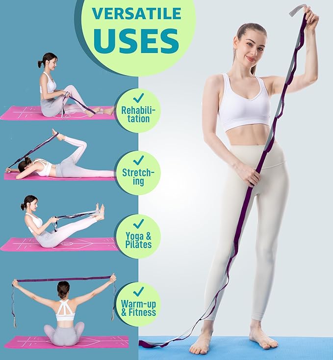 HiRui Stretching Strap Yoga Strap with Door Anchor, 14-Loops Non-Elastic Stretch Straps for Physical Therapy, Pilates, Dance, Gymnastics | Stretch Band with Workout Guide for Women & Men