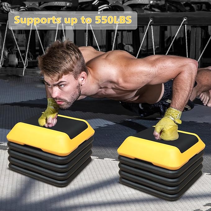 16"x16" Exercise Aerobic Step Platform with 4 Risers, Adjustable Height 4"-6"-8"-10"-12" Workout Stepper for Home Gym Fitness Strength & Training