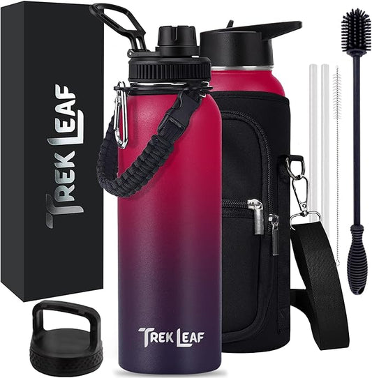 Travel Water Bottle with Carrying Bag, 3 Lids (Spout, Straw, Handle), and Bottle Brush; Leak Proof, Quality, Vacuum Insulated, Stainless Steel (Mixed Berry, 40 oz)