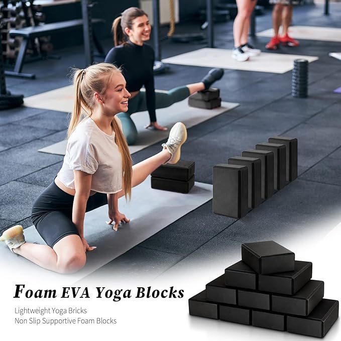 Yilloog 10 Pcs Foam Eva Yoga Blocks Non Slip Lightweight Bricks Yoga Bulk Supportive Blocks Prop Accessories for Pilates Stretching and Meditation Women Men Yogi Beginners, Black