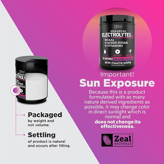 Zeal Naturals Electrolyte Powder Recovery Drink (90 Servings | Black Cherry) w/ 0 Sugar +BCAAs +B-Vitamins Electrolyte Supplement w Potassium Zinc & Magnesium for Hydration - Keto Electrolytes