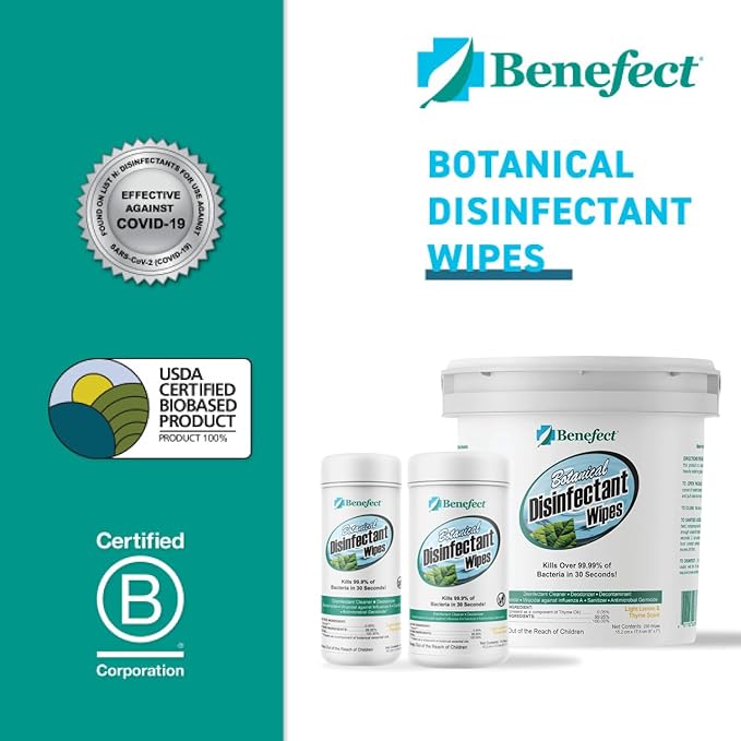 Benefect Botanical Disinfecting Wipes - (90 Wipe Count) Natural, No Residue - Antibacterial Disinfectant, Multi-Surface Cleaning and Sanitizing Wipes