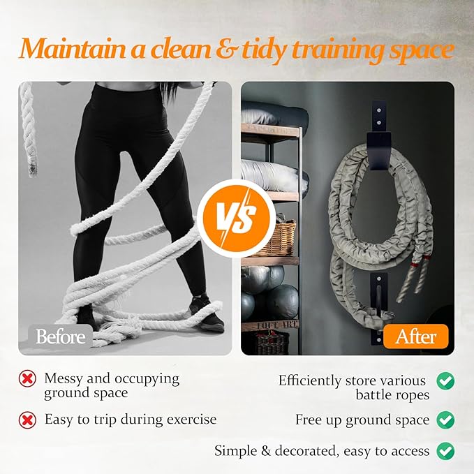 Battle Rope Anchor Kit Wall Mount, Set With Workout Wall Anchor And Rope Hook For 30-50 Feet, 1-2.5" Battle Ropes For Home Gym, Battle Rope Wall Mount Holder, Heavy Duty Gym Storage Rack