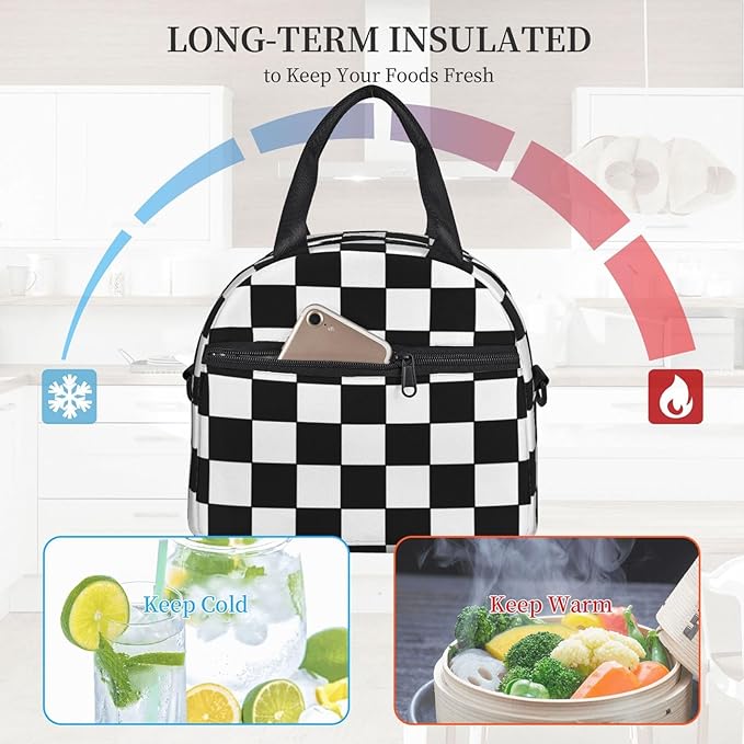 Black White Checkered Reusable Insulated Lunch Box Waterproof Lunch Bag with Detachable and Adjustable Shoulder Strap for Office Picnic or Travel