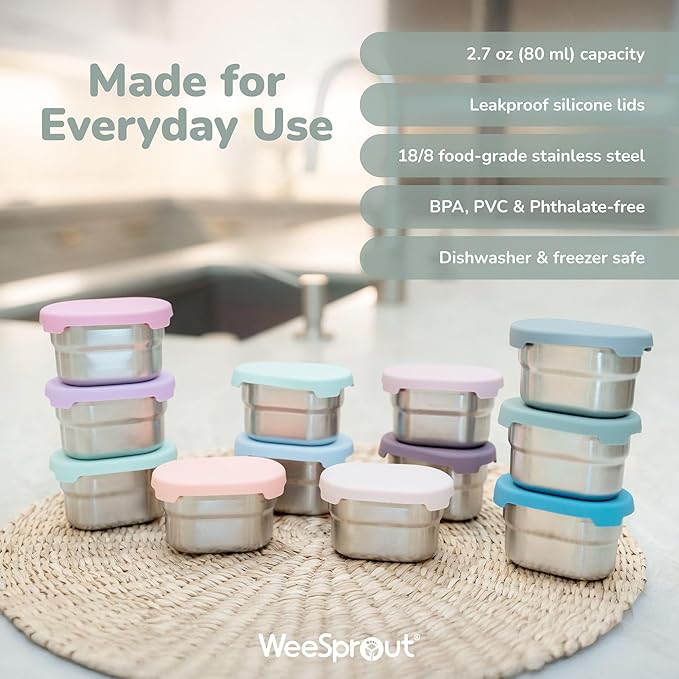 WeeSprout Stainless Steel Dip Containers with Leakproof Silicone Lids - 3 Pack - 2.7 Oz Reusable Snack & Sauce Cups - BPA-Free, Dishwasher & Freezer Safe Bento Box Lunch Boxes & Meal Prep Accessories