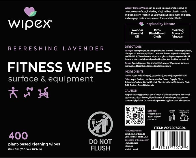 Wipex Gym Wipes Bucket Refill – Plant-based Fitness Equipment Wipes, Lavender and Vinegar to Clean Surfaces, Safe Yoga Mat Cleaner, Gym Cleaner and Peloton 400 Count (Pack of 1)