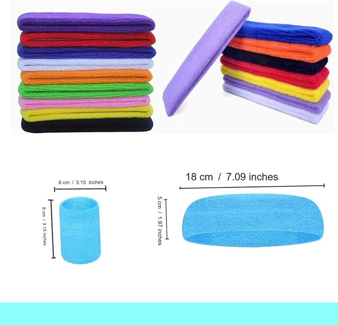 24 Pcs Neon Sweatbands Set Include 8 Pcs Sports Headband and 16 Pcs Cotton Wristbands 80s Neon Sweat Bands Bulk for Gym, Tennis, Basketball, Running, Exercise