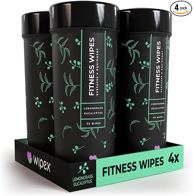 Wipex Natural Wipes for Fitness in Lemongrass & Eucalyptus, Gyms, Yoga, Peloton Cycles, Treadmills and Home, 75 Count (Pack of 4)