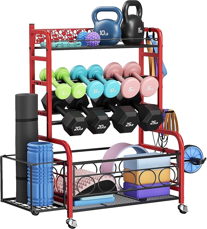 400LBS Dumbbell Rack, VOPEAK Adjustable Weight Rack for Home Gym, Home Gym Storage Rack for Yoga Mat Kettlebells and Strength Training Equipment, Weight Storage Rack for Dumbbells with Wheels