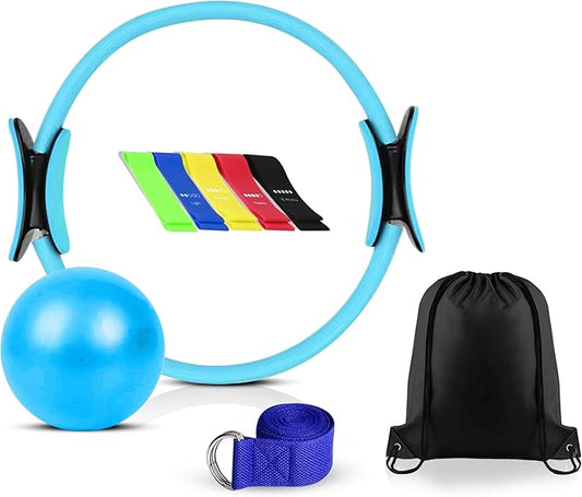 Pilates Ring Set – Magic Circle with Dual Padded Handles, Mini Exercise Ball & 5 Resistance Bands | Pilates Kit for Women | Home Workout Equipment for Full-Body Training & Fitness Set