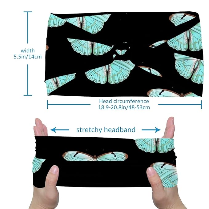 Wide Headbands for Women, Butterfly on Black Background Hairband for Women Non Slip Sports Head Bands for Women's Hair