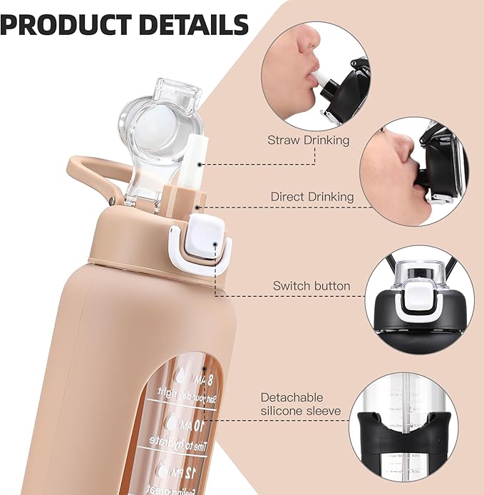 32 oz Glass Water Bolttles with Straw Large Motivational Water Bottle with Time Marker Sports Water Bottles with Silicone Sleeve and Handle Lid Water Jug for Gym Workout