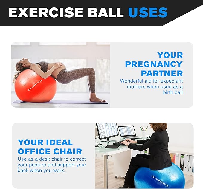 DYNAPRO Exercise Ball Extra Thick Eco-Friendly & Anti-Burst Material Supports over 2200lbs, Stability Ball for Home, Yoga, Gym, Birthing, Physio, Swiss, Physical Therapy or Pregnancy