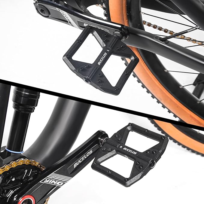 BUCKLOS MTB Flat Pedals Mountain Bike Pedals, 3 Bearings CNC Adult Road Bike Pedals, Bicycle Platform Aluminum Alloy Non-Slip Pedal for Gravel Bike/BMX 9/16"(Black)